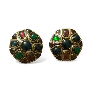 Orena Paris Jewel Tone Cabochon Clip Earrings Runway Renaissance 80s